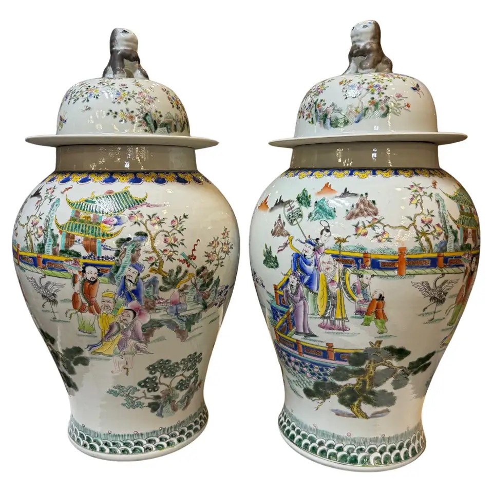 Pair Chinese Porcelain Lidded Ginger Urns - Qianlong Vases, Jars, Qing Pottery | 1stDibs