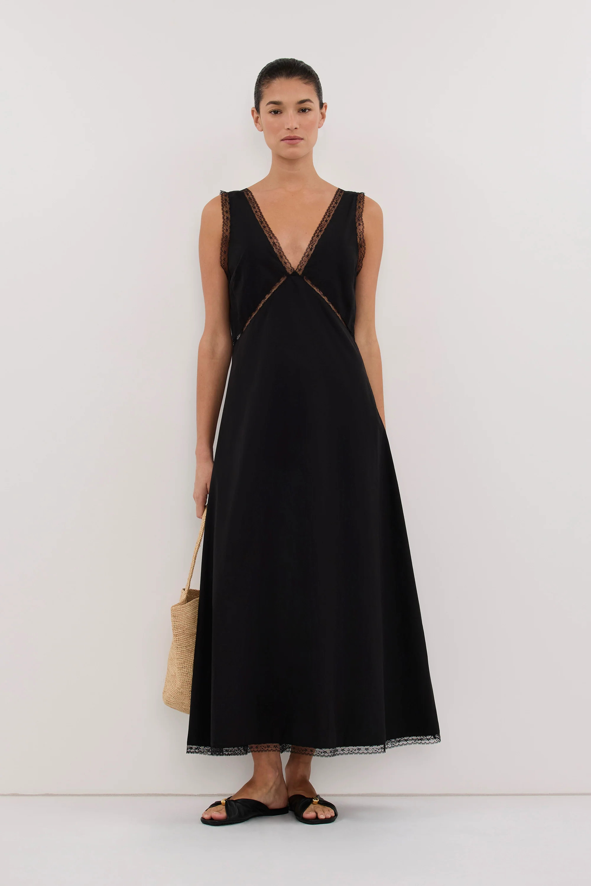 ROSIN BLACK LACE TRIM MIDI DRESS | DISSH