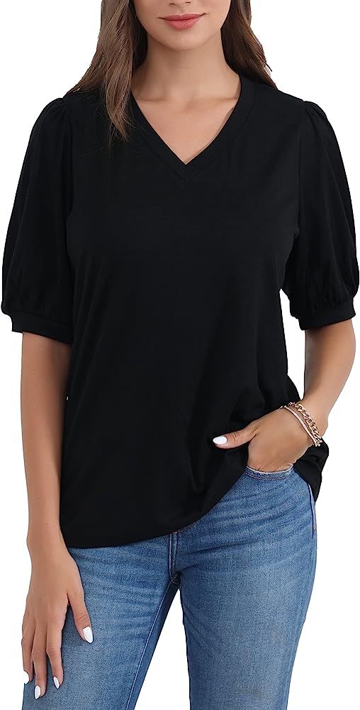 ROTOXA Womens Tops V Neck Summer Knit Tops Casual Loose Fitted Tshirt | Amazon (US)