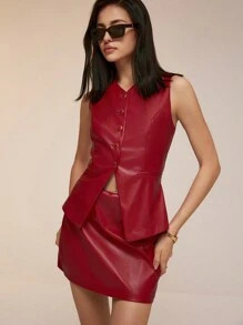 Poéselle Women's Red PU Leather Single Breasted Vest And Skirt Two Piece Set, Red Set, Vintage L... | SHEIN