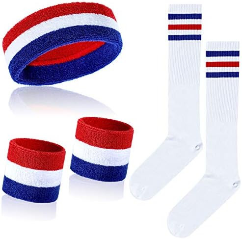 Skylety 5 Pieces Striped Sweatbands and Striped Socks Set Include 1 Set Wrist Sweatbands Headbands a | Amazon (US)