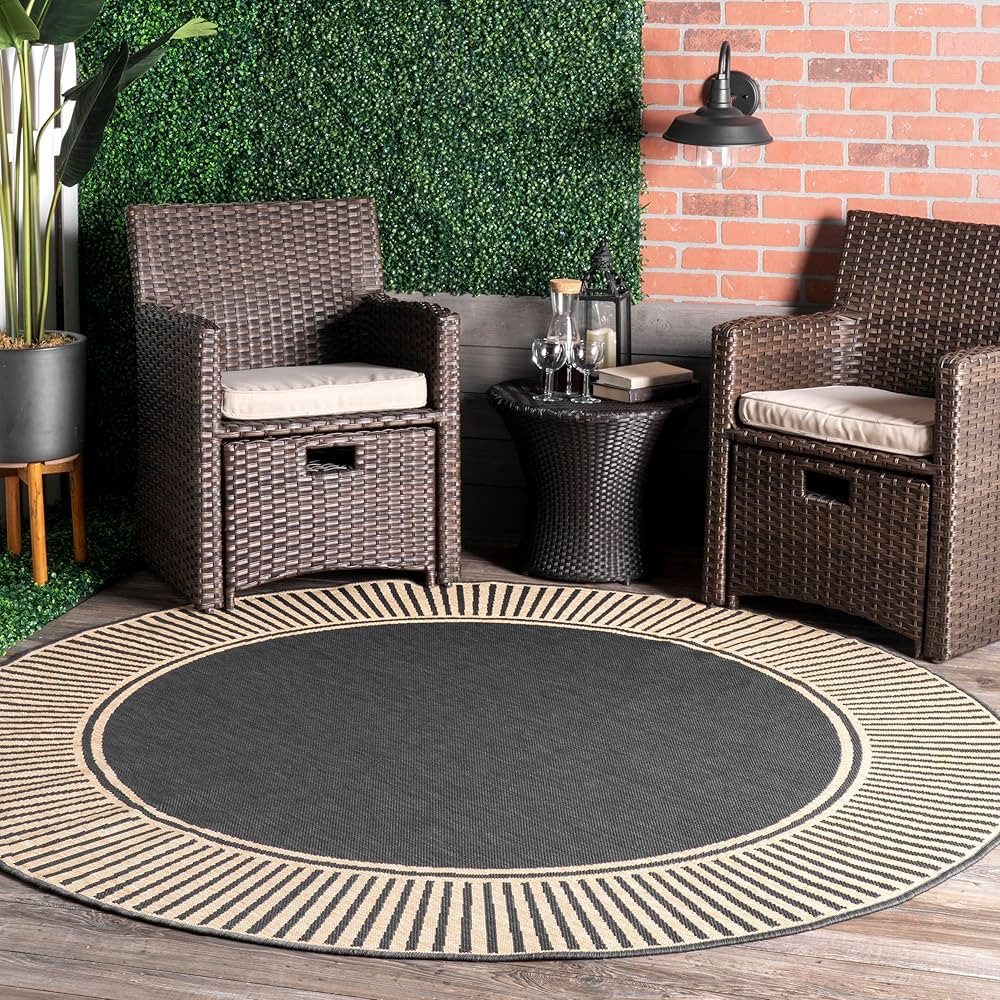 nuLOOM 6'7" Round Outdoor Area Rug, Casual Design With Striped Border, Stain Resistant, Highly Du... | Amazon (US)