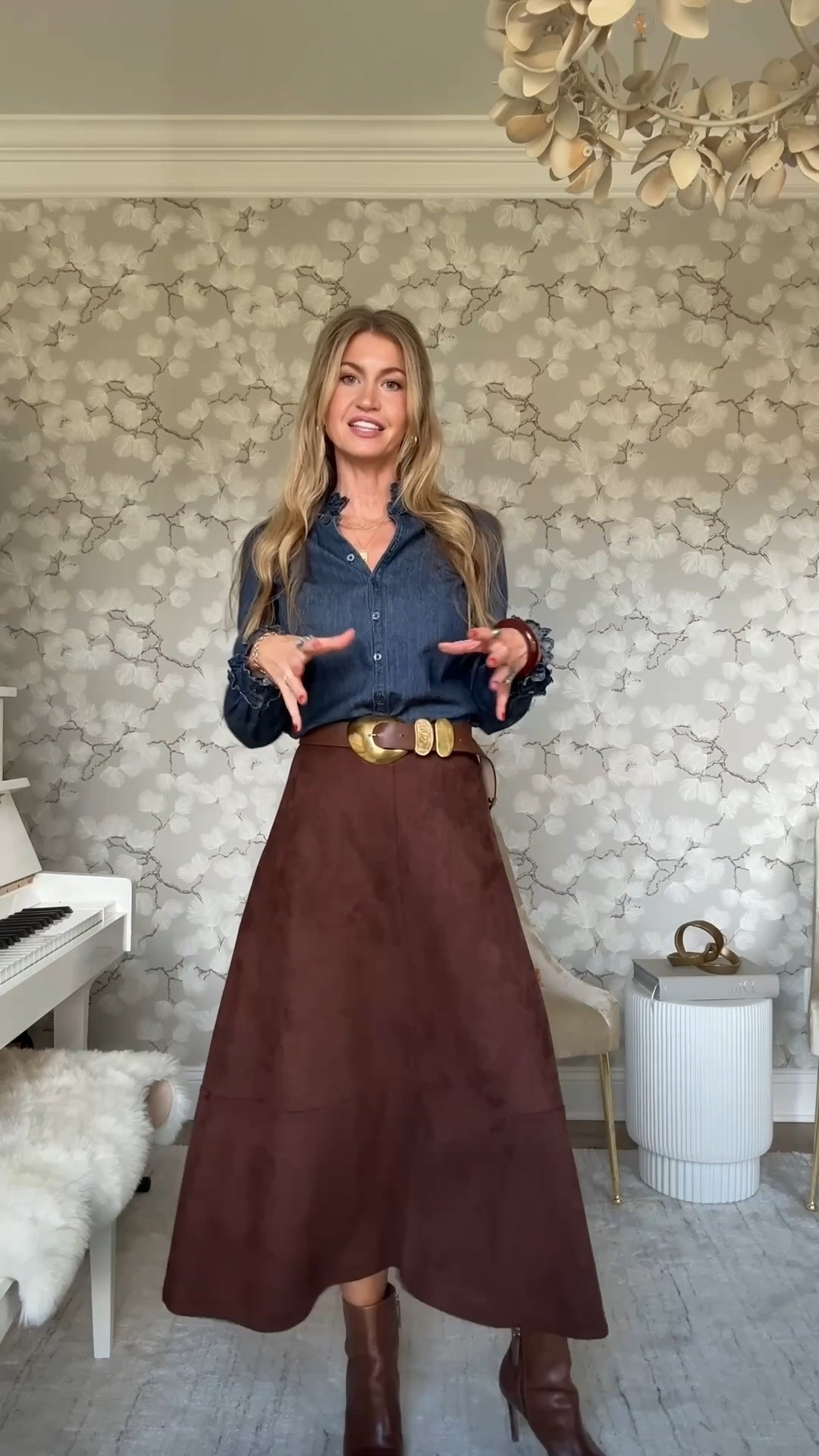 Ralph Lauren inspired outfit for church today. 
Dark chambray ruffled top: from Boden, sold out but linked similar. 
Brown suede a-line skirt: runs TTS, wearing an XS 
Pointed ankle boots: run TTS 


#LTKootd #LTKdayinmylife #LTKgrwm