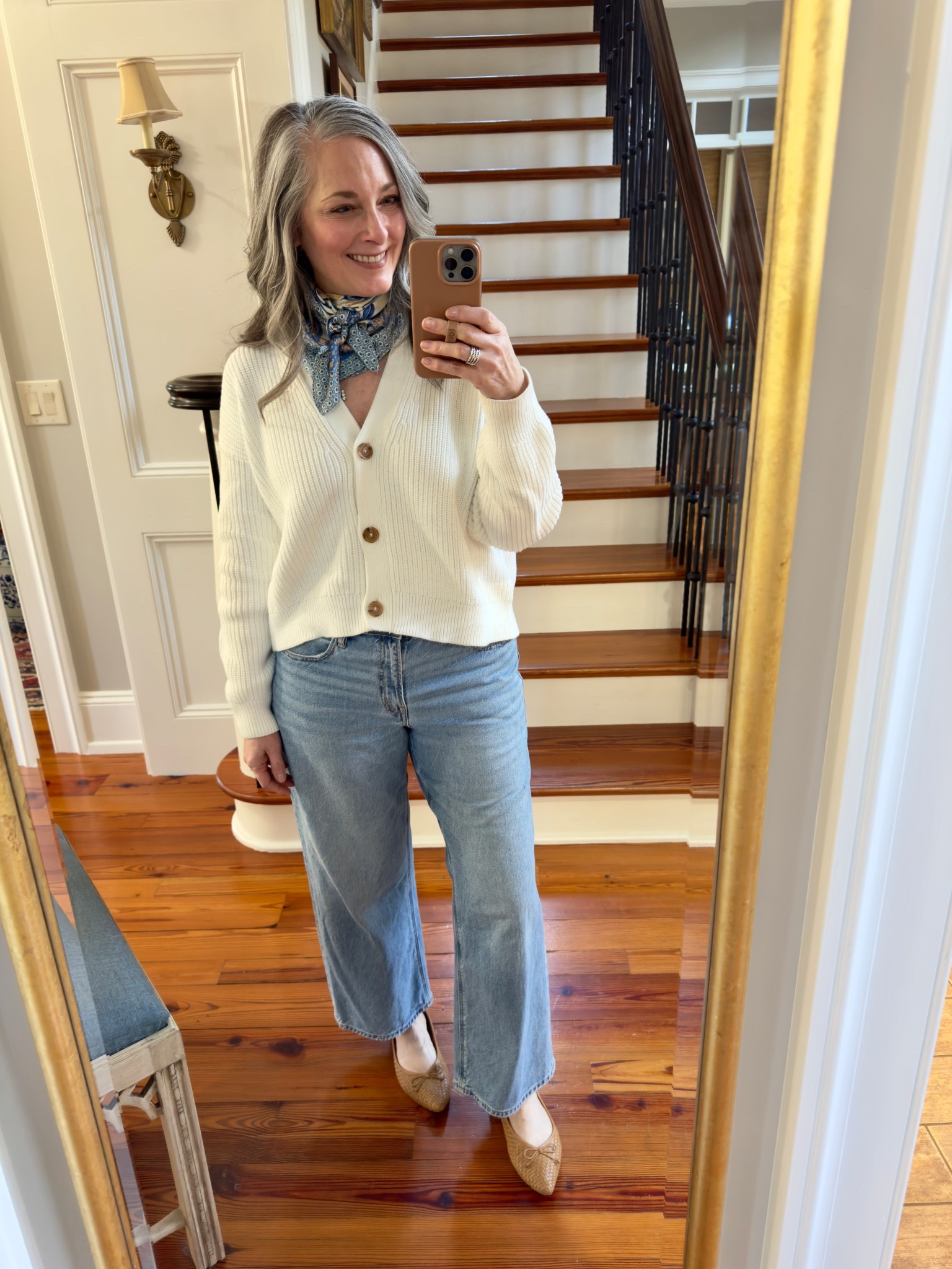 Size small in Quince cotton fisherman cardigan. Cropped fit. Comes in many colors! American Eagle jeans. Quince woven ballet flats TTS. 

#LTKSeasonal #LTKOver40 #LTKootd