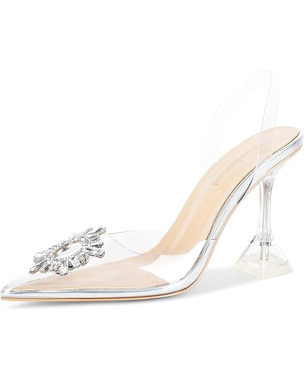 Fericzot Women's Clear Heels Shoes,Slingback Crystal Rhinestones Wedding Pointed Toe Shoes High H... | Amazon (US)