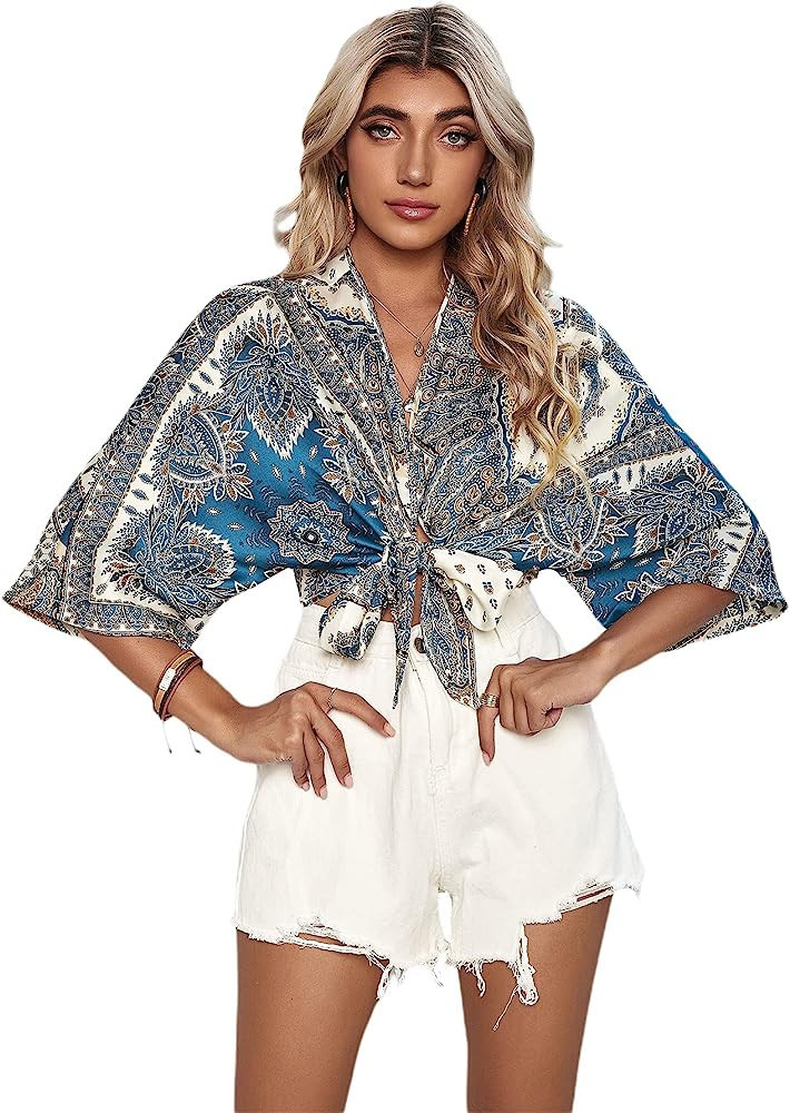 Floerns Women's Summer Printed V Neck Bow Tie Crop Top Blouse | Amazon (US)