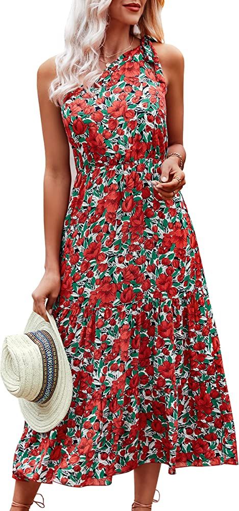 ECOWISH Womens Boho Dress One Shoulder Floral Maxi Dress Elegant Cocktail Party Dress | Amazon (US)