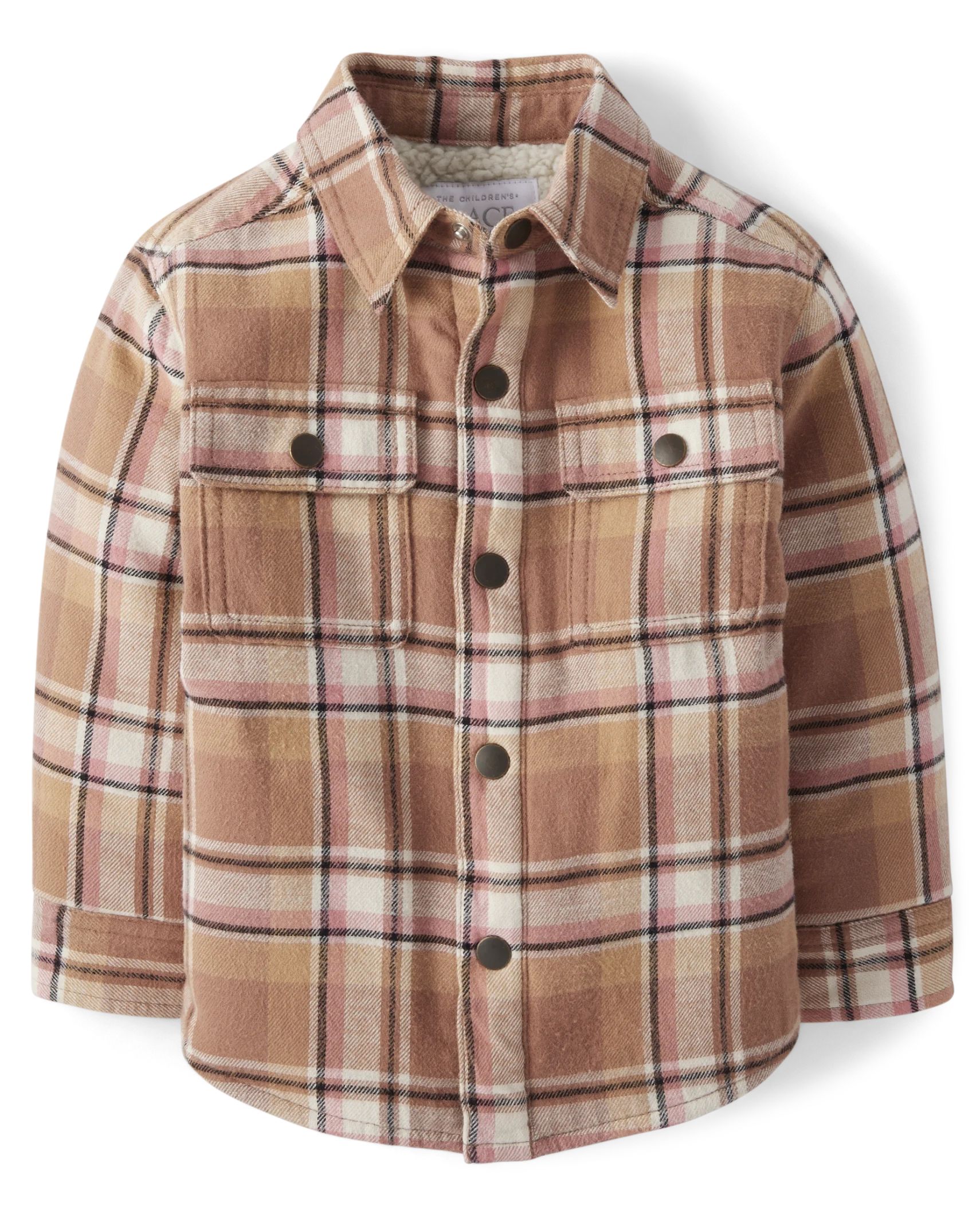 Toddler Girls Long Sleeve Plaid Sherpa-Lined Shacket | The Children's Place  - PECAN PIE | The Children's Place