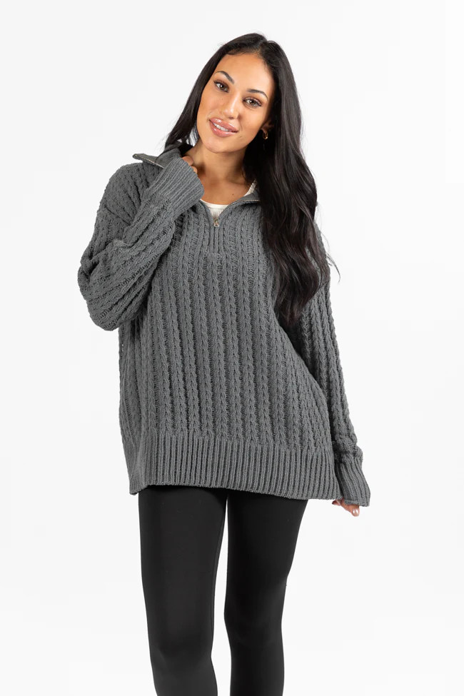 Forever Yours Charcoal Cable Knit Chenille Quarter Zip Sweater | Pink Lily