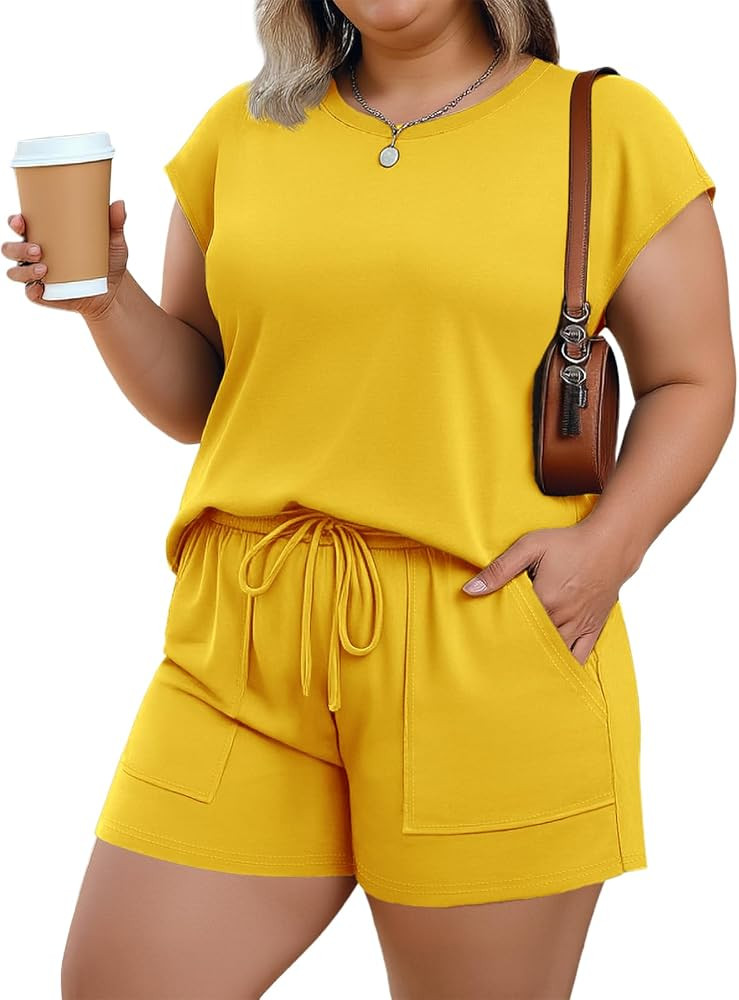 Lastshe Plus Size Two Piece Short Sets for Women Summer Lounge Set Cap Sleeve Drawstring Outfits ... | Amazon (US)