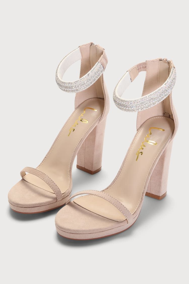 Delary Light Nude Suede Rhinestone Ankle Strap High Heel Sandals | Lulus (US)