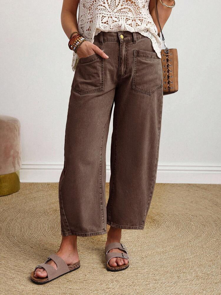 EMERY ROSE Women's Solid Color Pocket Design Fashionable Summer Versatile Jeans Brown Jeans Loose Jeans Wide Leg Jeans Brown Wide Leg Pants | SHEIN