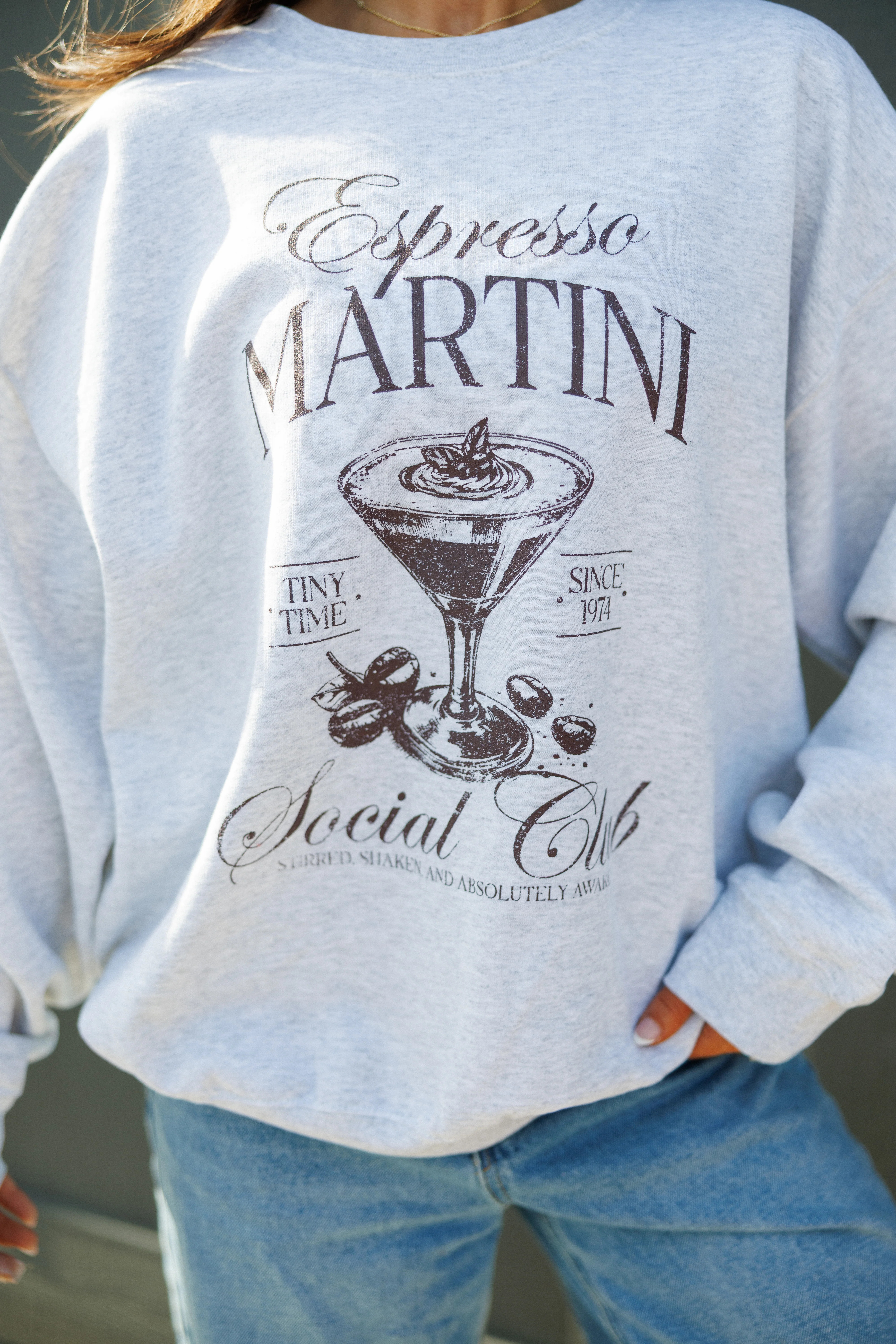 NEW!! Espresso Martini Social Club Sweatshirt in Heather Grey | Glitzy Bella