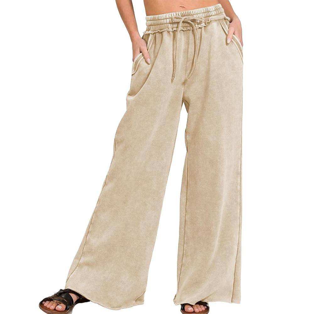 Ainangua Women Acid Wash Palazzo Sweatpants Casual High Waist Drawstring Wide Leg Pants Baggy Fle... | Amazon (US)