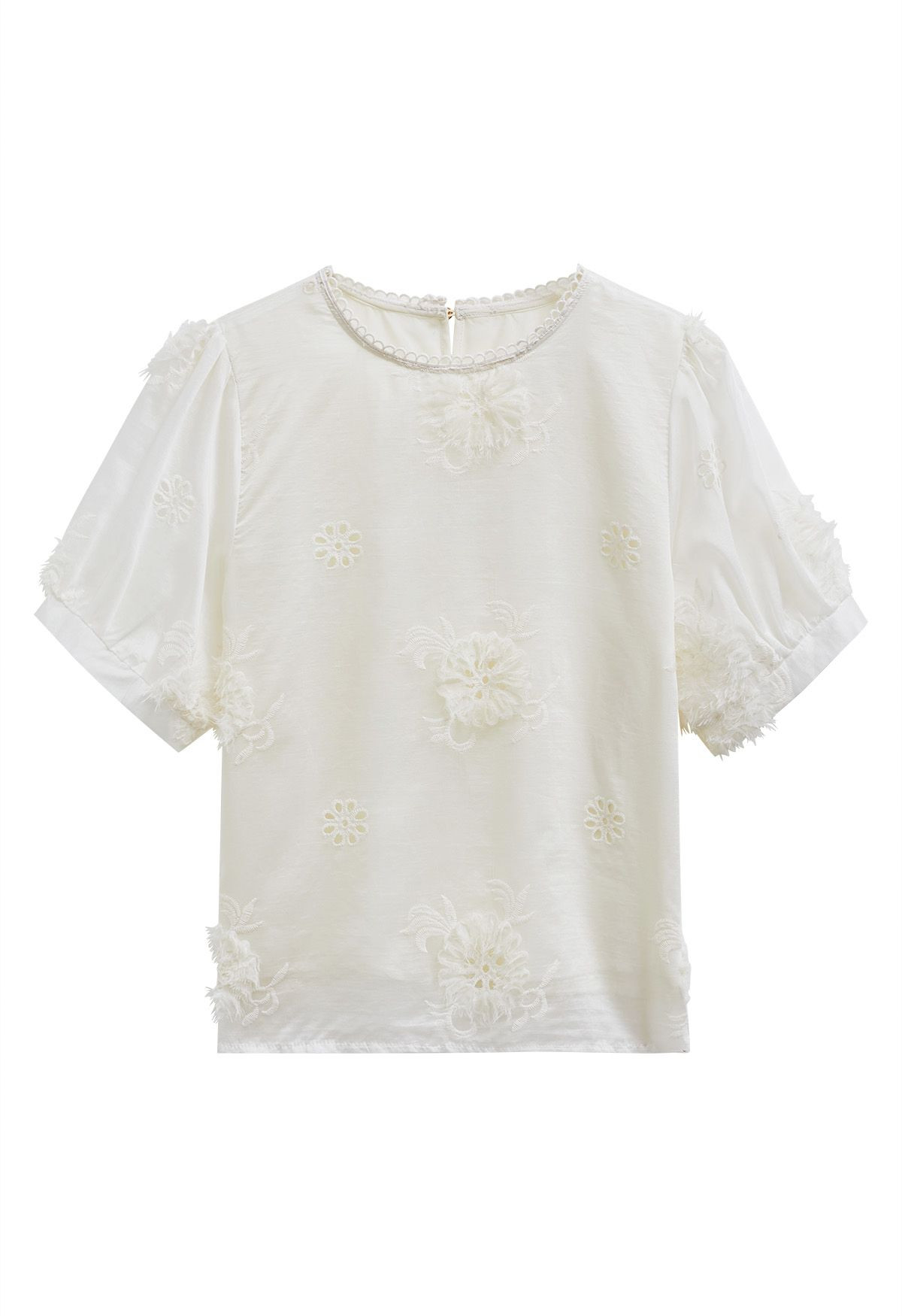 Fringe Embroidered Eyelet Floral Organza Top in Cream | Chicwish