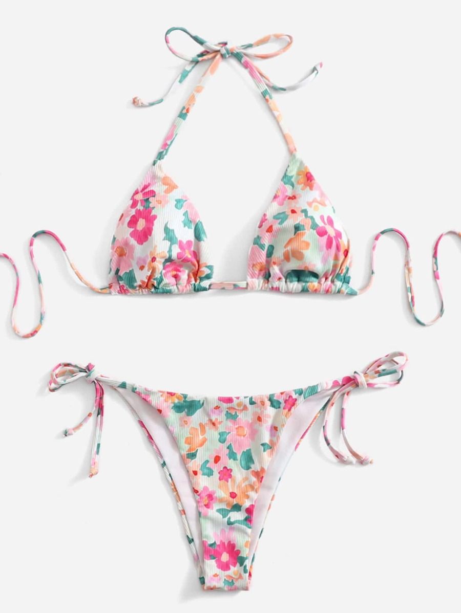 Floral Rib Halter Triangle Bikini Swimsuit SKU: sw2202232612469364(100+ Reviews)Trending Y2K$9.00... | SHEIN