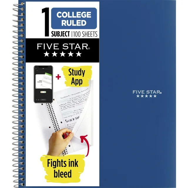 Five Star 1 Subject College Ruled Notebook Plus Study App, 8.5" x 11", Pacific Blue, Poly, Spiral... | Walmart (US)