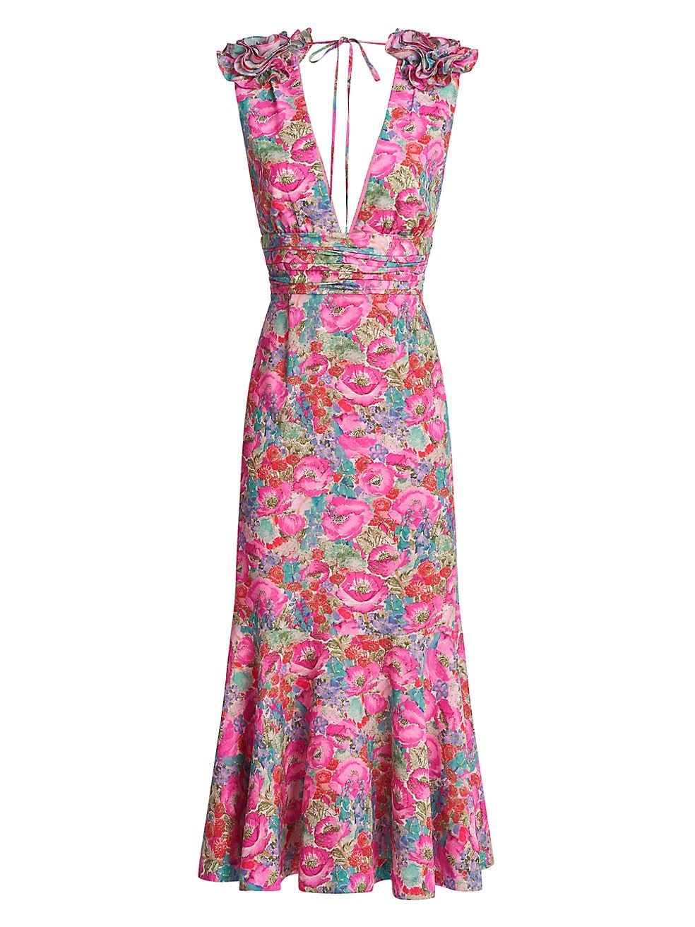AMUR Sorena Deep V-Neck Floral Midi-Dress | Saks Fifth Avenue
