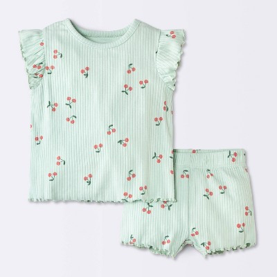 Baby Girls' 2pc Cherry Fruit Ruffle Sleeve T-Shirt and Bike Shorts Set - Cloud Island™ Light Mint Green 24M | Target