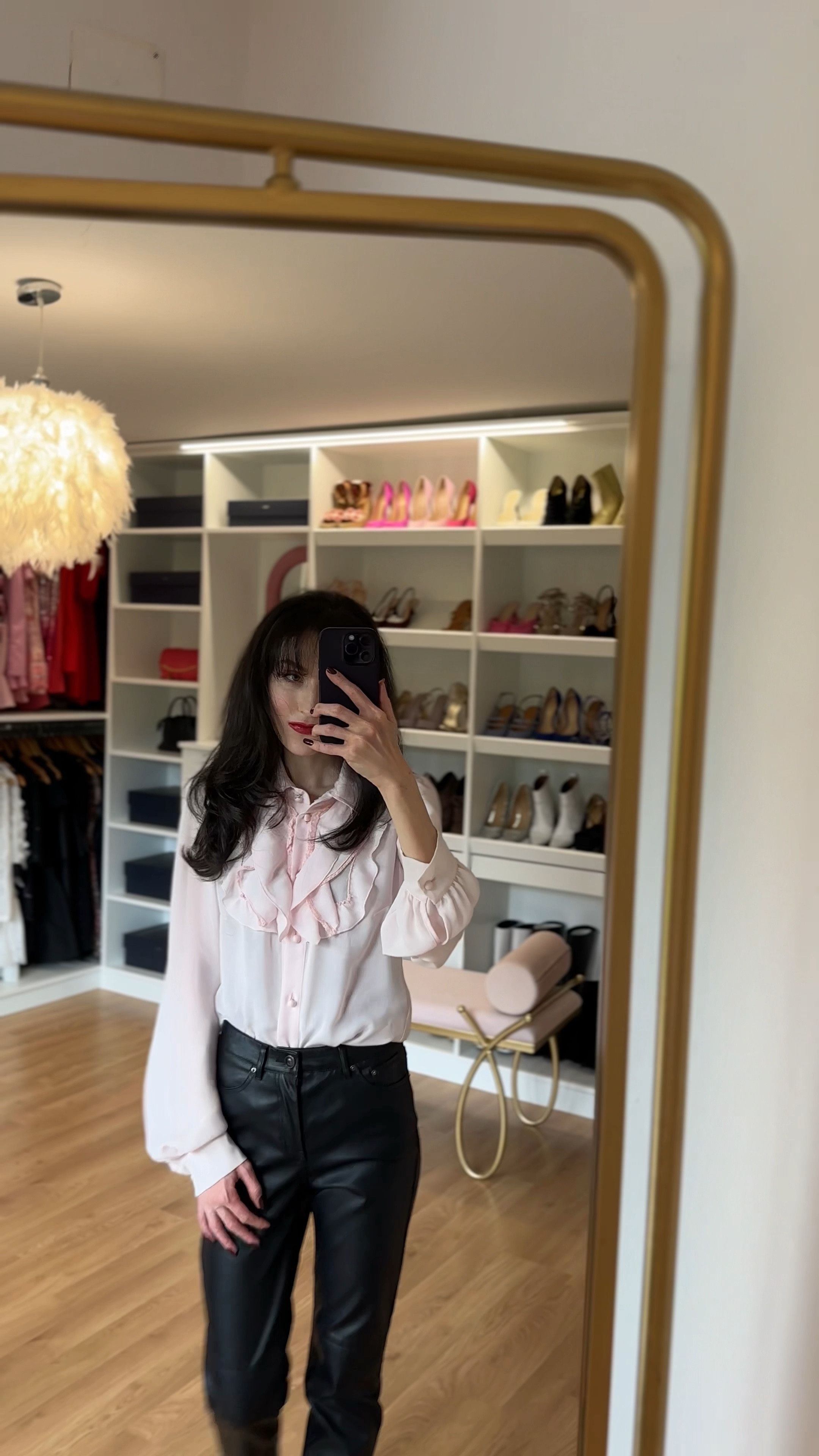 #dinnerpartyoutfit that will see you through any evening. #datenight or #officeparty this #leatherpantsoutfit is a star outfit for a #nightout paired with #designerheels and #ruffledblouse made of silk

#LTKVideo #LTKShoeCrush #LTKParties