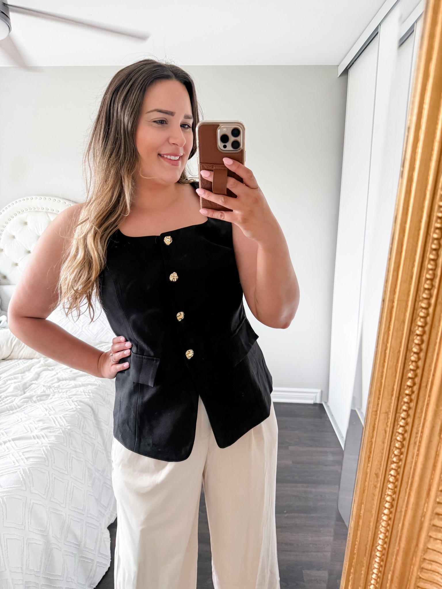 Literally in love with this black suit vest with gold buttons! Paired it with my cream wide leg dressy pants! #midsize

#LTKMidsize #LTKFindsUnder50 #LTKStyleTip