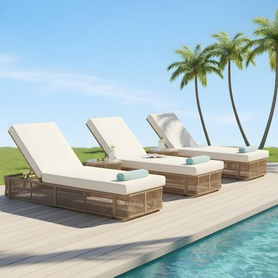 ModernLuxe 3pcs Outdoor Adjustable Chaise Lounge Chair, Handwoven Rope Base Patio Sun Lounger, 5-Position Recliner Without Cushion, Beige | Target
