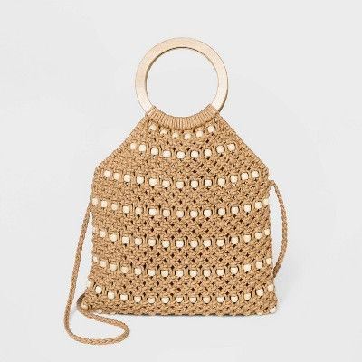 VR NYC Beaded Crochet Top Wood Ring Hobo Handbag - Beige | Target