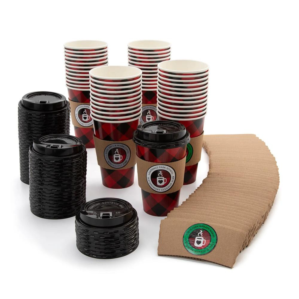 48 Pc Bulk Personalized 48 Pc Buffalo Plaid Disposable Paper Coffee Cups with Lids & Sleeves. 5" 16 oz | Oriental Trading Company