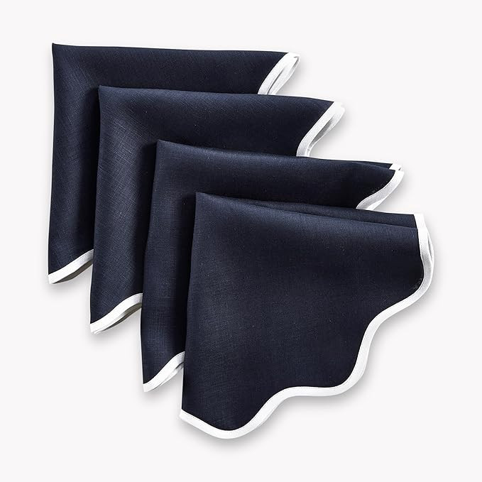 Solino Home Scallop Linen Napkins Set of 4-100% Pure Linen White and Navy Dinner Napkins Cloth 20... | Amazon (US)