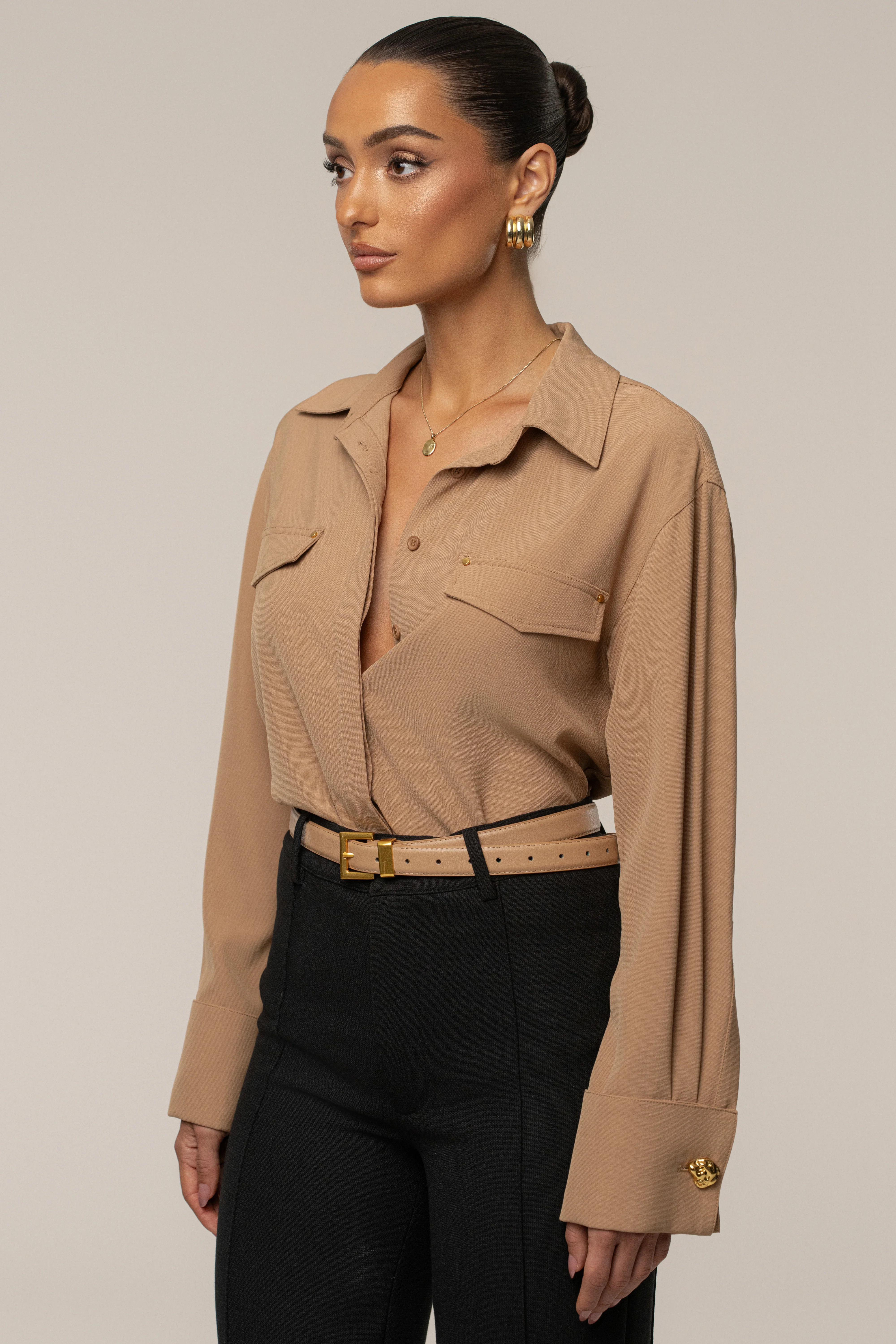Tan Stella Button Up Shirt L | JLUXLABEL