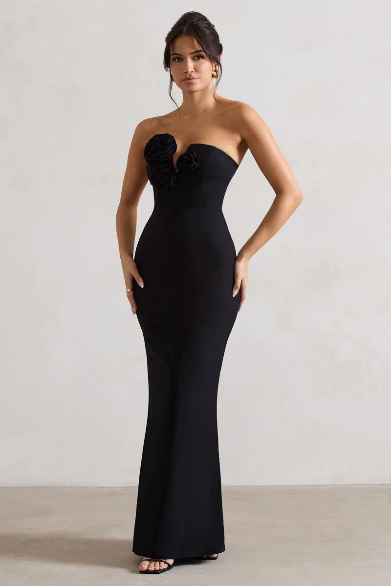 Enticed | Black Strapless V-Neck Maxi Dress With Flowers | Club L London
