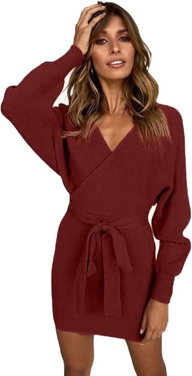 L'ASHER Women's Sexy Deep V Neck Tie Waist Cocktail Batwing Long Sleeve Knitted Dress Belted Back... | Amazon (US)