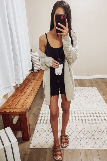 Spring outfit summer outfit travel outfit simple casual sandals mom style Mother’s Day gift waffle knit oversized cardigan 90s black cutoff shorts black bodysuit Birkenstock neutrals simple everyday style 

#LTKstyletip #LTKfindsunder50 #LTKtravel