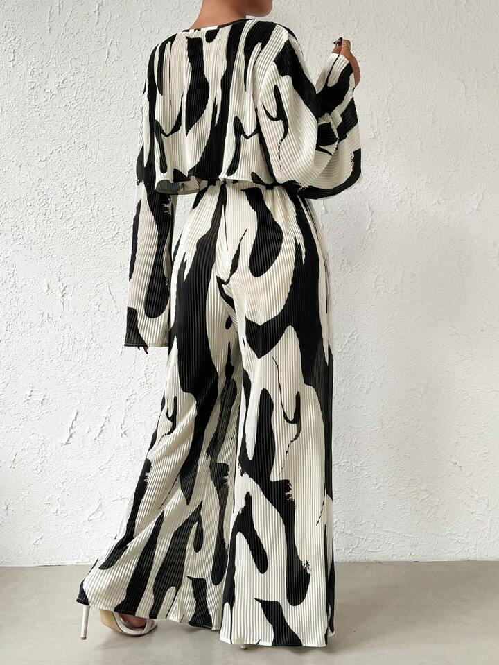 SHEIN Privé Graphic Print Bell Sleeve Crop Blouse & Wide Leg Pants | SHEIN