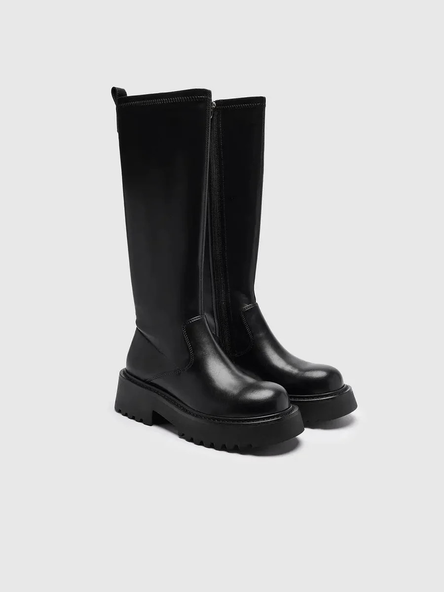 Side Zip Chunky Platform Faux Knee High Leather Boots | Urban Revivo