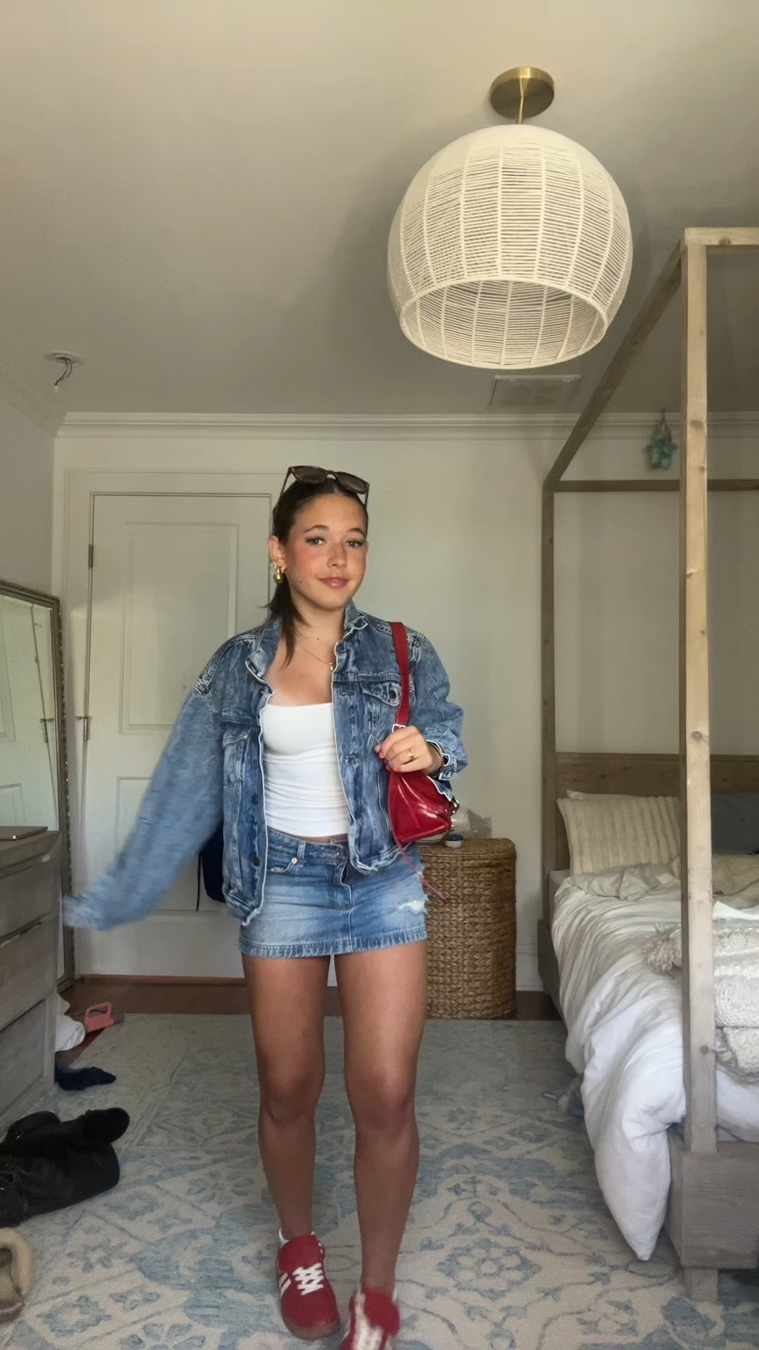 jacket: gap
tank top: garage
skirt: tillys 
bag: edikted
shoes: steve madden
sunglasses + jewelry: amazon