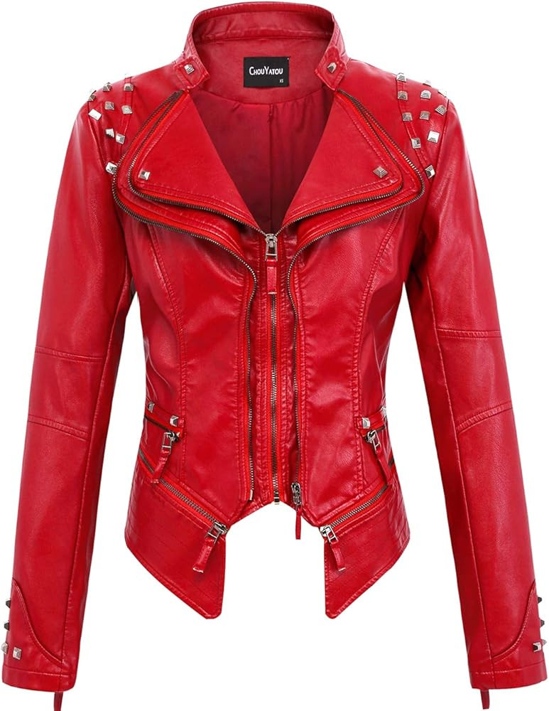 chouyatou Women's Fashion Studded Perfectly Shaping Faux Leather Biker Jacket | Amazon (US)