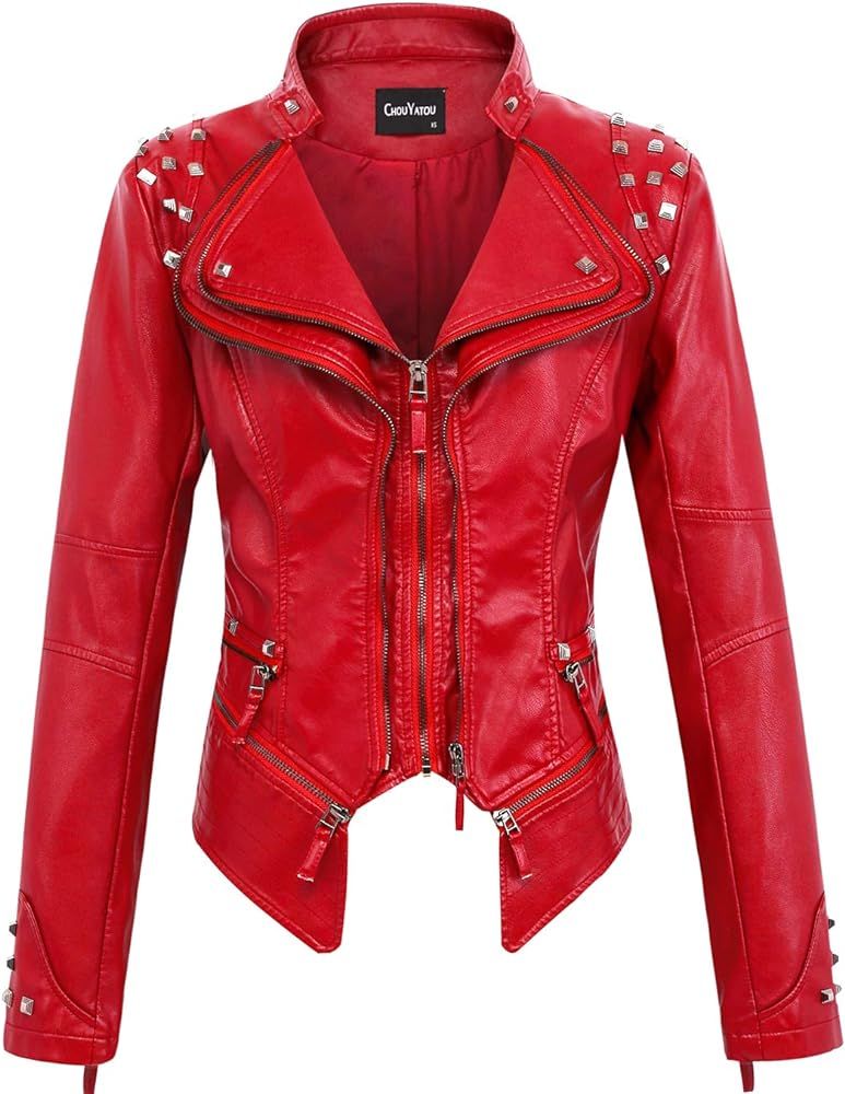 chouyatou Women's Fashion Studded Perfectly Shaping Faux Leather Biker Jacket | Amazon (US)