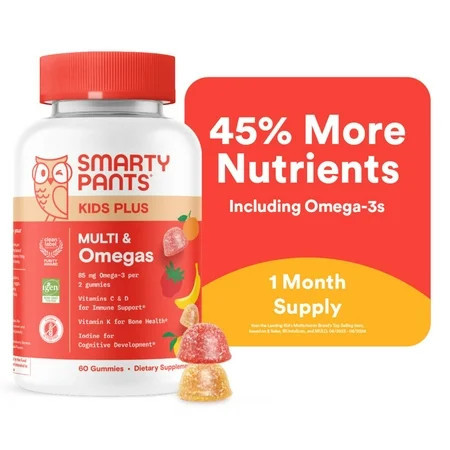 SmartyPants Kids Plus Multvitamin & Omega 3 Gummies Supplement with Vitamins C, D3, B12, Zinc, 60ct | Walmart (US)