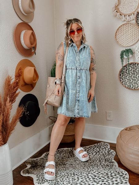 Day 2/30 summer outfit ideas for comfy casual cute summer looks and summer styles. 

Denim tank dress - small (5’1)
Pink sunnies (thrifted, linked similar) 
Boho big tote fringe bag khaki 
Platform white sandals (TTS) 
Cute yellow fun flower claw clip for pop of color

#LTKSeasonal #LTKstyletip #LTKFind