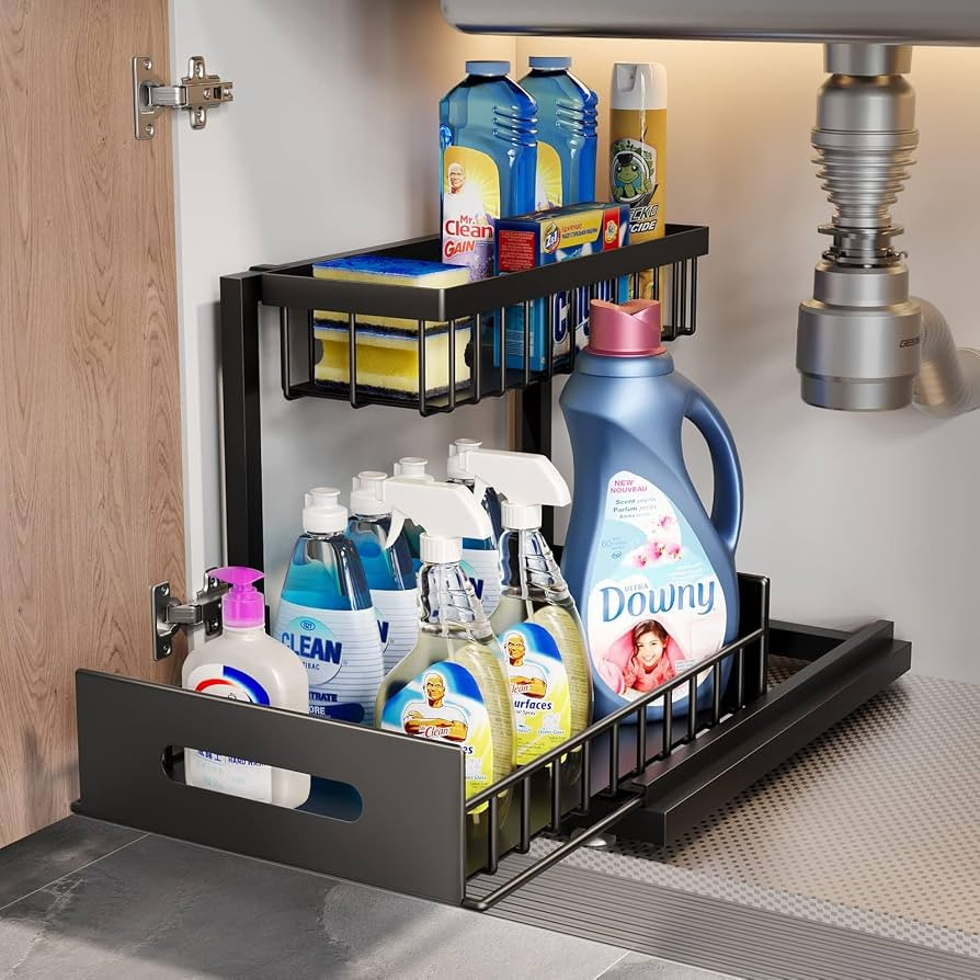 Bnimtm Metal Under Sink Storage - 2 Tier Under Sink Storage Kitchen Organiser with Sliding Storag... | Amazon (UK)