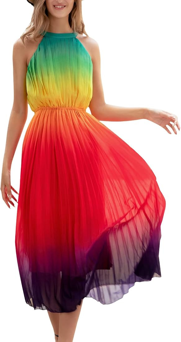 Paintcolors Women's Halter Sleeveless Pleated Long Maxi Dress Backless Ombre Summer Beach Chiffon... | Amazon (US)