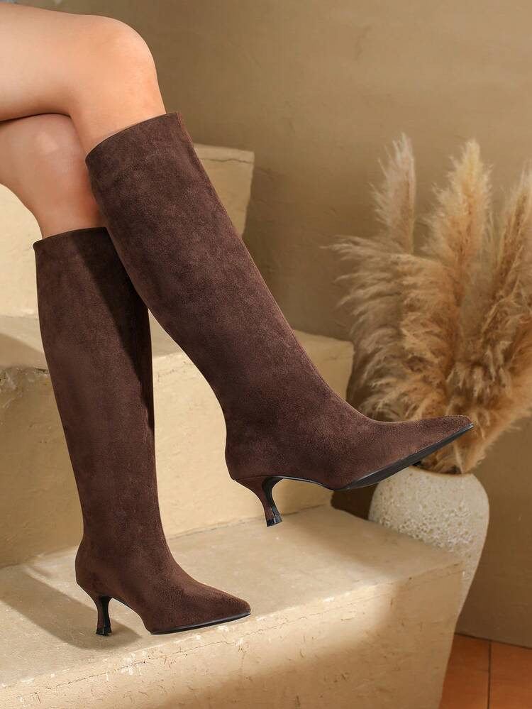 Women's Pointed Toe Mid-Heel Over-The-Knee Boots, Slip-On, Elegant Party Western Style Kitten Heel, Beautiful & Graceful For Commuting, Synthetic Fiber, Autumn/Winter Over-The-Knee High Heels | SHEIN