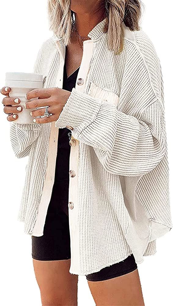 Womens Waffle Knit Shacket Boyfriend Shirt Jacket Button Down Blouse Loose Fit Long Sleeve Tops w... | Amazon (US)