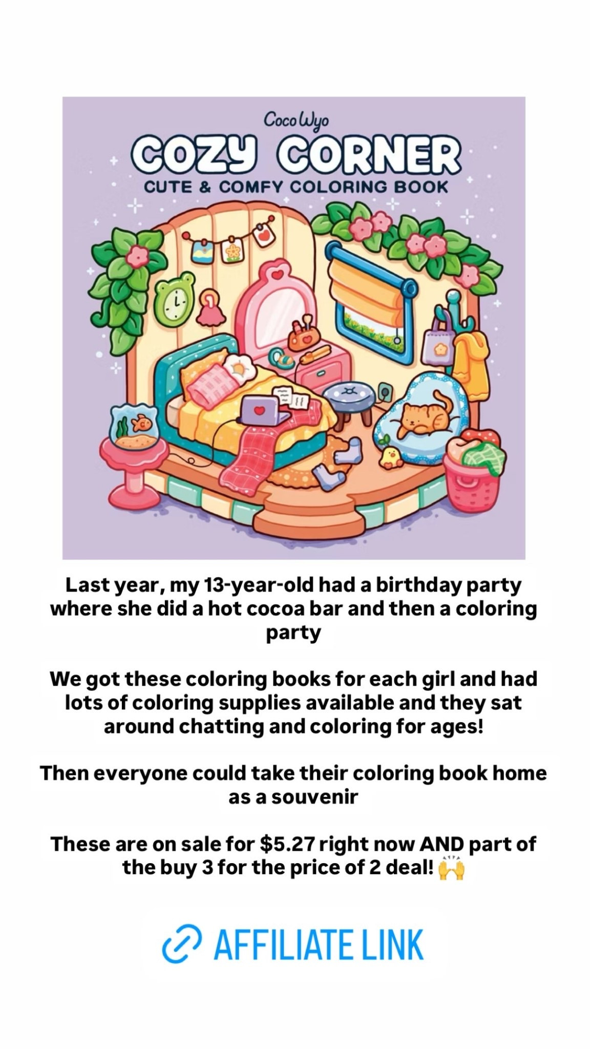 Last year, my 13-year-old had a birthday party where she did a hot cocoa bar and then a coloring party 

We got these coloring books for each girl and had lots of coloring supplies available and they sat around chatting and coloring for ages! 

Then everyone could take their coloring book home as a souvenir 

These are on sale for $5.27 right now AND part of the buy 3 for the price of 2 deal! 🙌