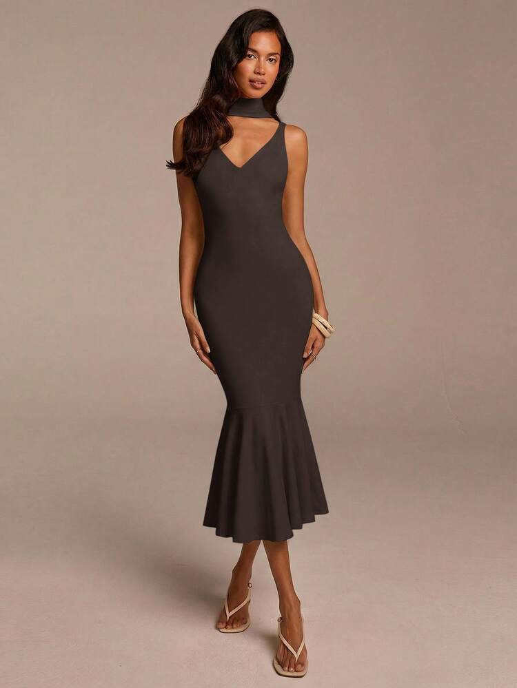 COSMINA Women's Halter Neck Mermaid Hem Bodycon Dress,Charcoal Gray,Summer,Elegent Elegant,Date N... | SHEIN