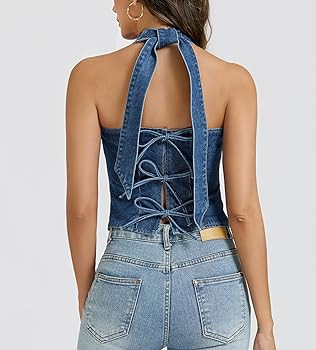 LADYFUL Halter Denim Vest Top for Women V Neck Jean Vest Waistcoat Sleeveless Back Tie Cowgirl To... | Amazon (US)