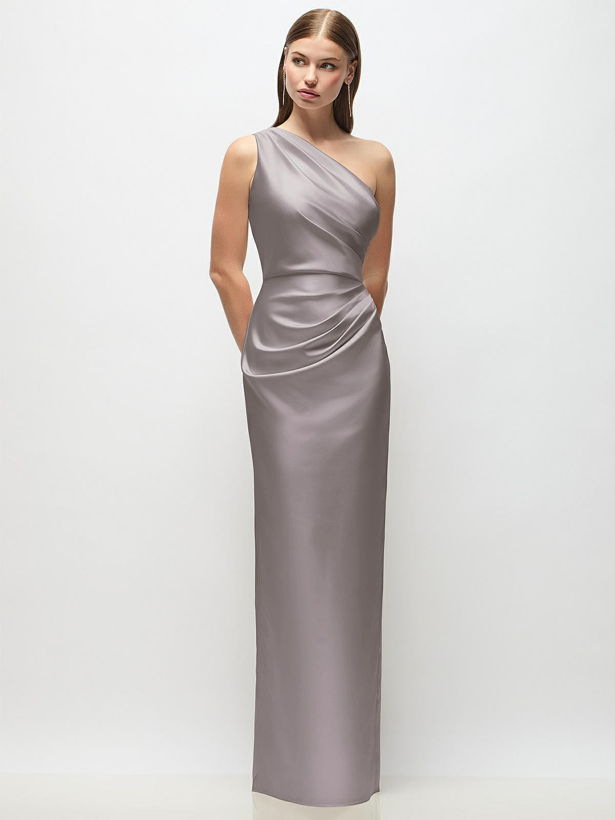 One-Shoulder Draped Bodice Stretch Satin Column Maxi Dress in Cashmere Gray | Dessy Group