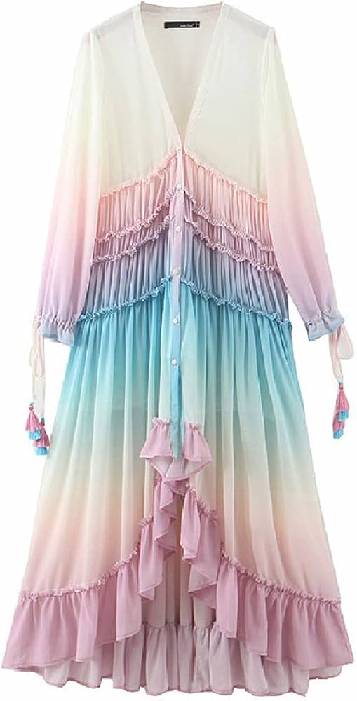 Women's Summer Bohemian Dress Printing Gradient Maxi Dress Patchwork Color Party Dress | Amazon (US)