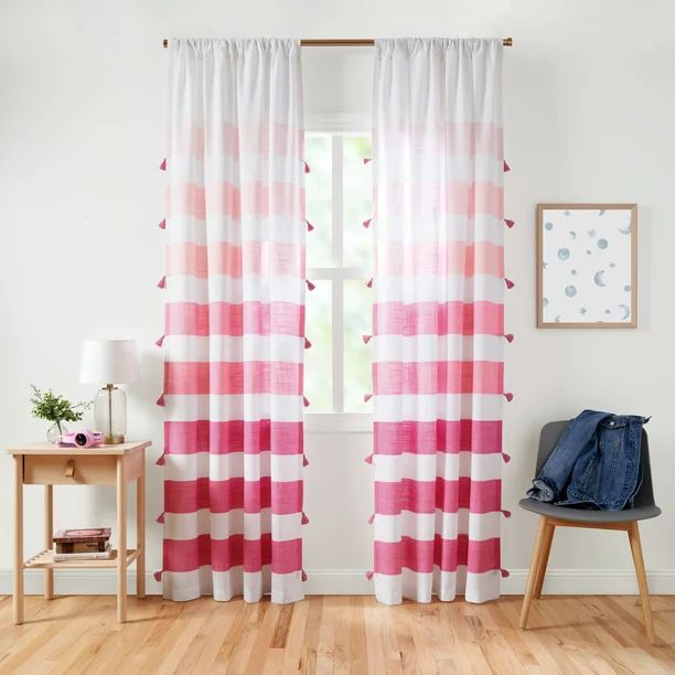 Gap Home Kids Chambray Ombre Stripe with Tassels Organic Cotton Semi-Sheer Window Curtain Pair, P... | Walmart (US)